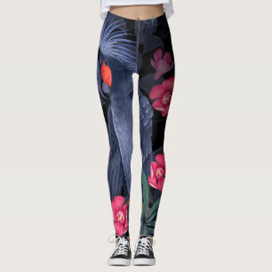 Exotic Floral Black Parrot: Tropical Nature Leggings