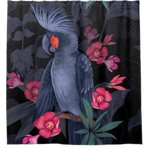 Exotic Floral Black Parrot: Tropical Nature Shower Curtain