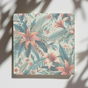 Exotic Floral Elegant Tropical Palm Leaves Wedding Stone Coaster