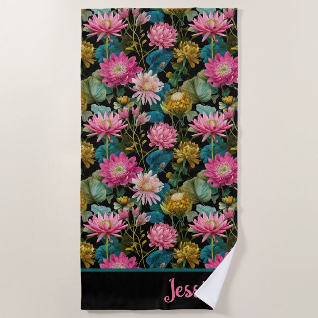 Exotic Floral Pattern Lush Tropical Foliage Name  Beach Towel (Front)