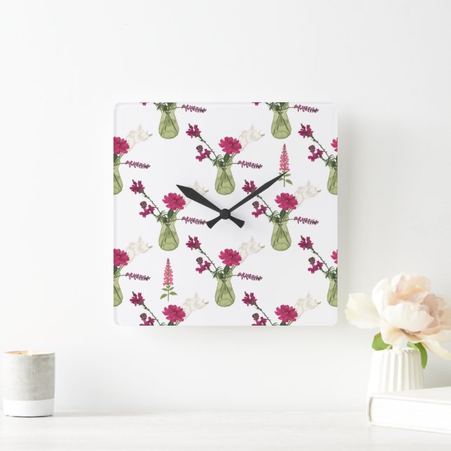 Exotic flower arrangement in glass square wall clock (Home)