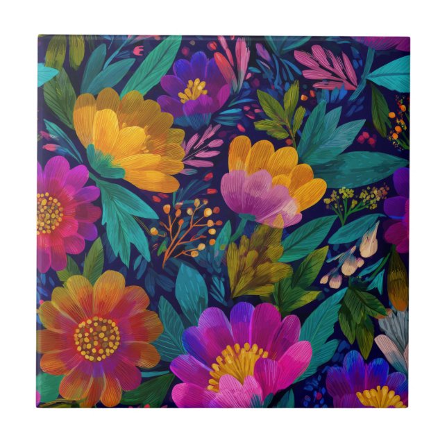 Exotic Flower Blossoms Bold& Elegant Chic Floral Ceramic Tile (Front)
