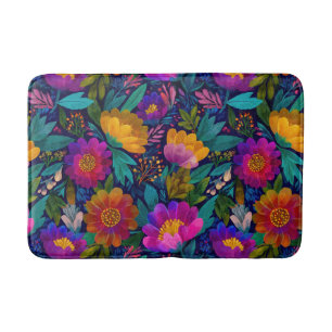 Exotic Flower Blossoms Colourful Botanical Pattern Bath Mat