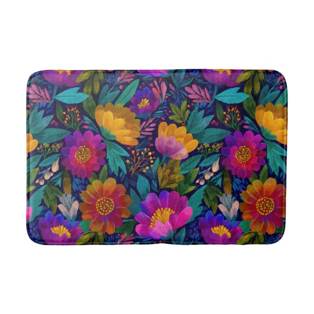 Exotic Flower Blossoms Colourful Botanical Pattern Bath Mat (Front)