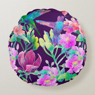 Exotic flowers and birds round cushion