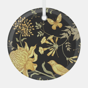 Exotic Flowers Birds Vintage Pattern Glass Tree Decoration