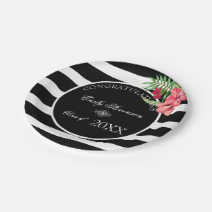 Exotic Flowers Black Stripes- Graduations Paper Plate