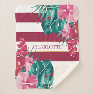 Exotic Flowers Monogram striped Burgundy Sherpa Blanket