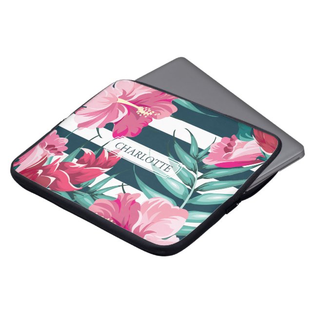 Exotic Flowers Monogram striped Laptop Sleeve (Front Top)