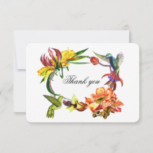 Exotic flowers thank you. humming bird wedding thank you card