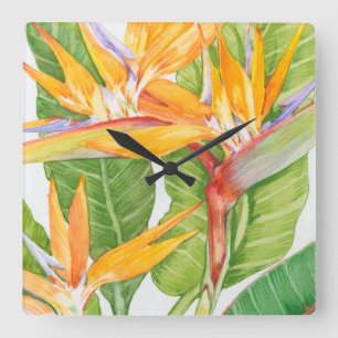 Exotic Flowers Watercolor Square Wall Clock