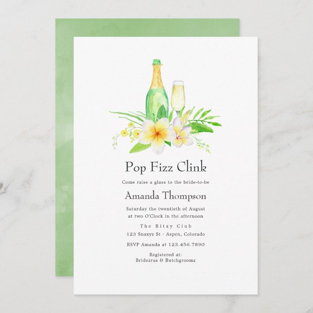 Exotic Frangipani Pop Fizz Clink Bridal Shower Invitation (Front/Back)