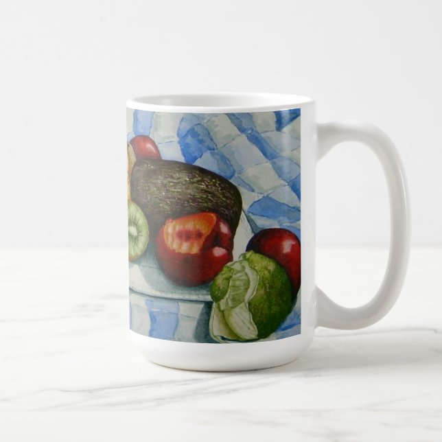 exotic fruit still life art blue white table cloth coffee mug (Right)