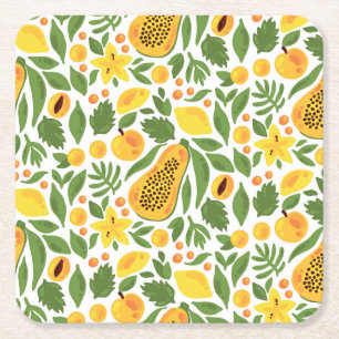 Exotic Fruits Ensemble: Papaya, Lemon, Mango Square Paper Coaster