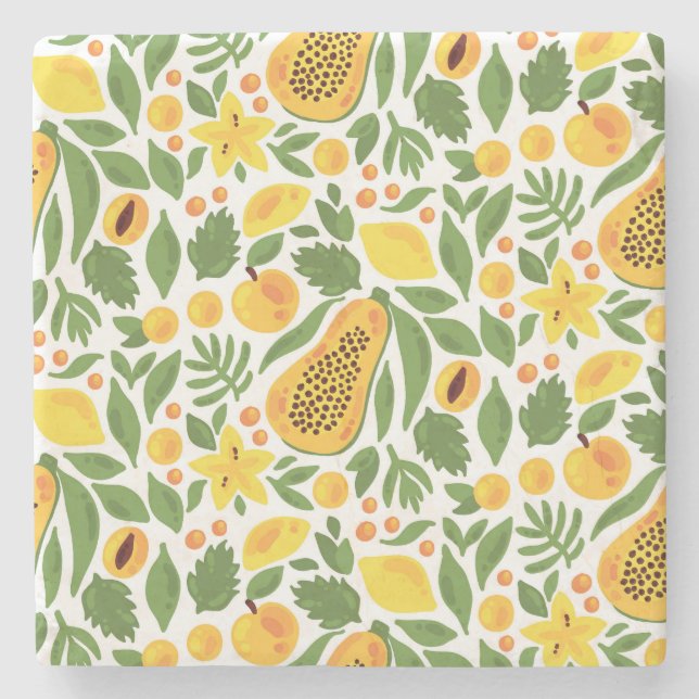 Exotic Fruits Ensemble: Papaya, Lemon, Mango Stone Coaster (Front)
