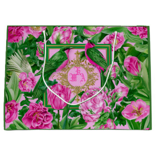Exotic Garden Glam Pink and Green Monogram Large Gift Bag