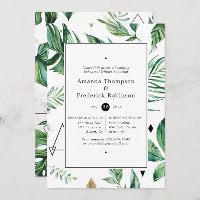 Exotic Geometric Forest Wedding Rehearsal Dinner Invitation (Front/Back)