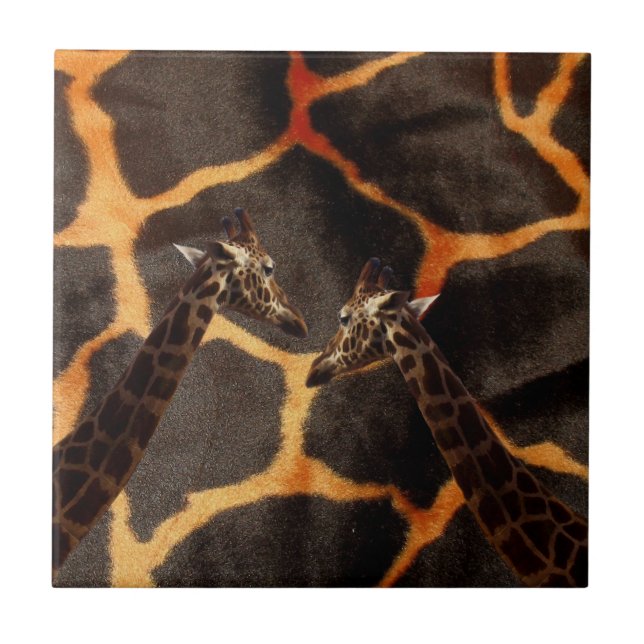 "Exotic Giraffes: On a Giraffe Patterned Canvas" Ceramic Tile (Front)