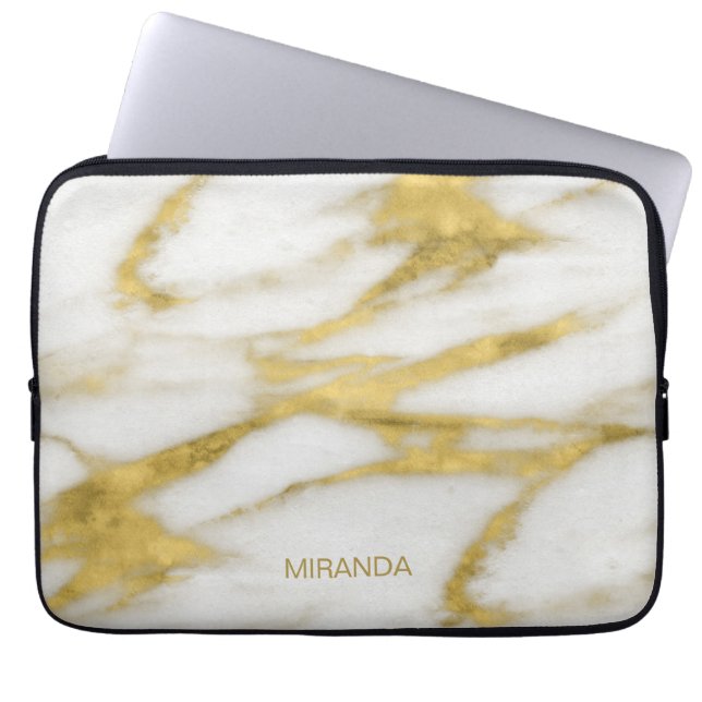 Exotic Gold and White Marble Abstract Pattern Laptop Sleeve (Front)