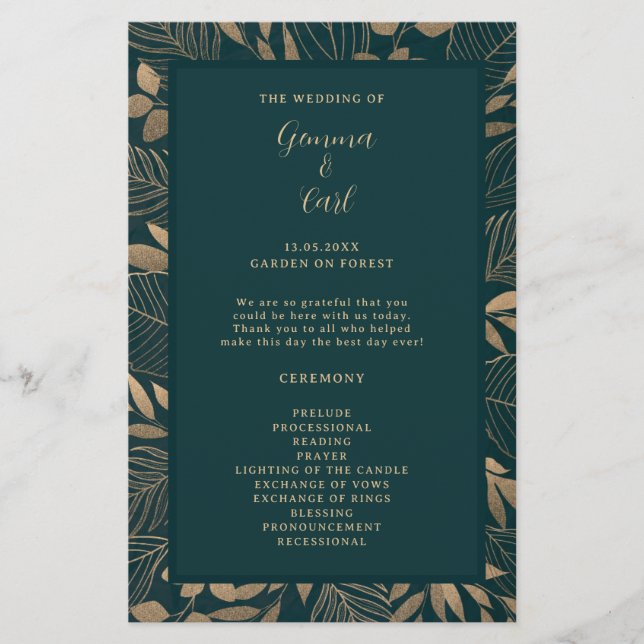 Exotic Gold Foliage Leaf Ceremony Program (Front)