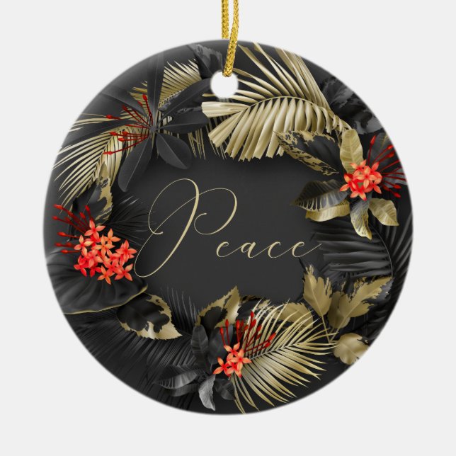 Exotic Gold Red Ebony Peace and Joy Tropical Ceramic Ornament (Front)
