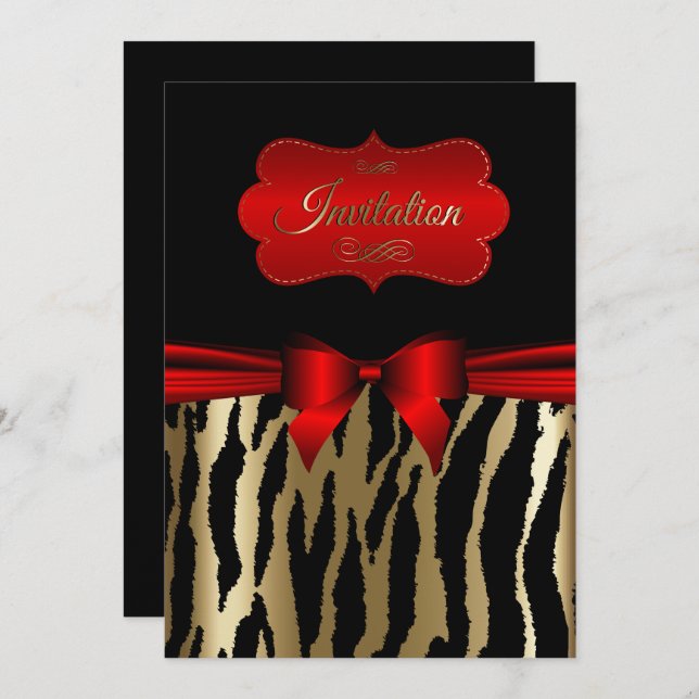 Exotic Gold & Red Zebra Party Invitations (Front/Back)