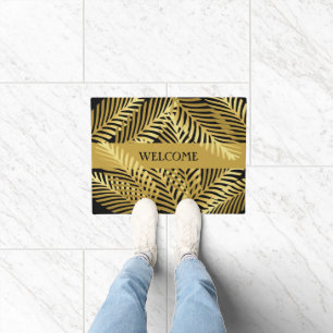 Exotic Golden Palm Leaf Pattern On Black Doormat