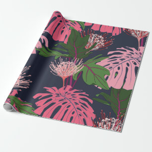Exotic green and pink tropical palm leaves and pro wrapping paper