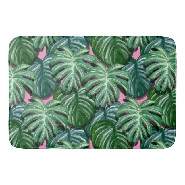 Exotic Green Tropical Leaves Pattern Bath Mat (Front)