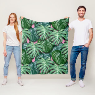 Exotic Green Tropical Leaves Pattern Fleece Blanket