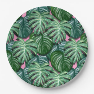 Exotic Green Tropical Leaves Pattern Paper Plate