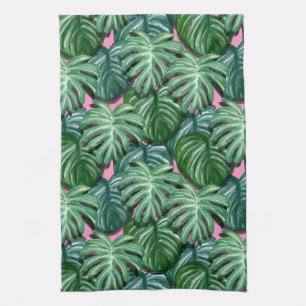 Exotic Green Tropical Leaves Pattern Tea Towel