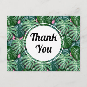 Exotic Green Tropical Leaves Pattern Thank You Postcard