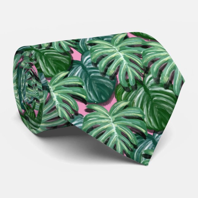 Exotic Green Tropical Leaves Pattern Tie (Rolled)