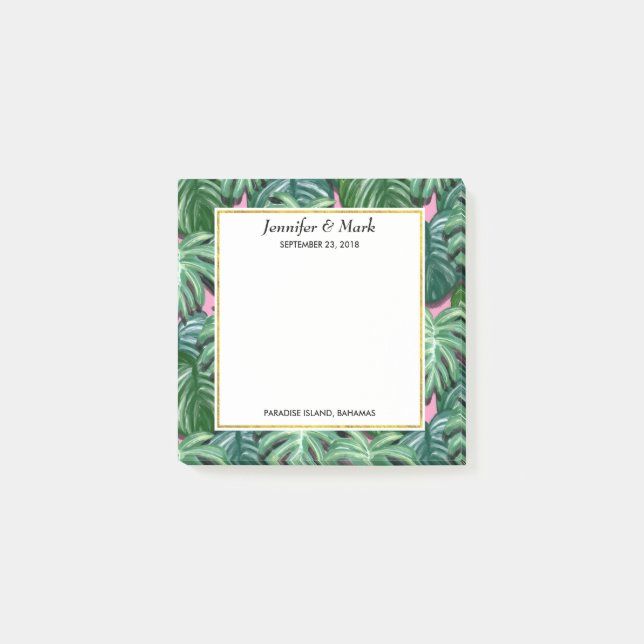 Exotic Green Tropical Leaves Pattern Wedding Post-it Notes (Front)