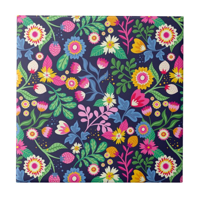 Exotic Hand Painted Floral Pattern Ceramic Tile (Front)