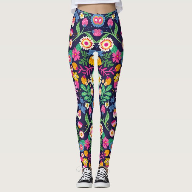 Exotic Hand Painted Floral Pattern Leggings (Front)