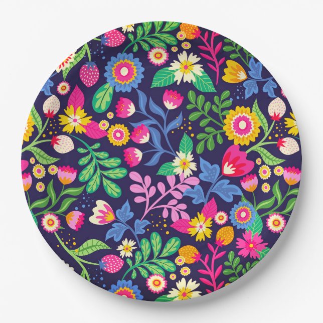 Exotic Hand Painted Floral Pattern Paper Plate (Front)