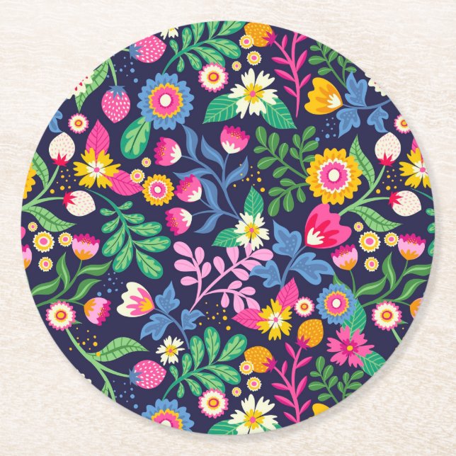 Exotic Hand Painted Floral Pattern Round Paper Coaster (Front)