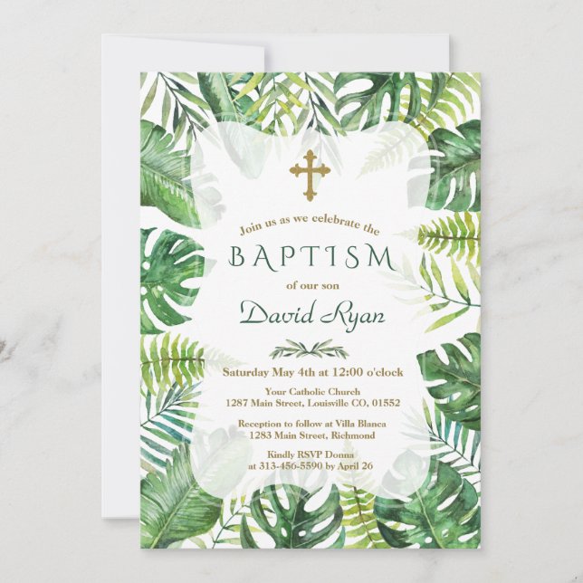 Exotic Hawaiian Tropical Greenery Frame Baptism Invitation (Front)