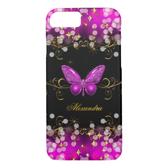 Exotic Hot Pink Gold Black Butterfly Sparkles Case-Mate iPhone Case (Back)