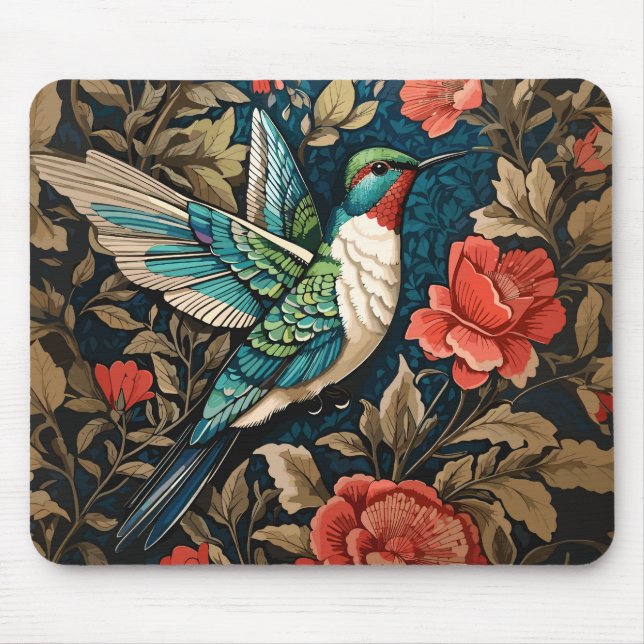 Exotic Hummingbird William Morris Inspired Floral Mouse Pad (Front)