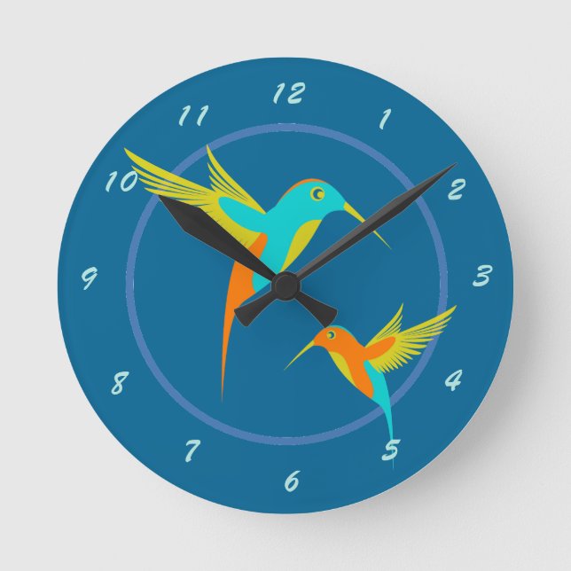 Exotic Hummingbirds Blue Round Clock (Front)