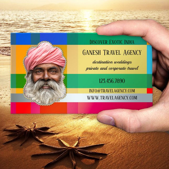 Exotic India Travel Agency Photo Business Card (Eye-catching business card showing a colorful design with silver and gold details - India - travel)