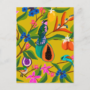 Exotic jungle birds and wildflowers illustration postcard