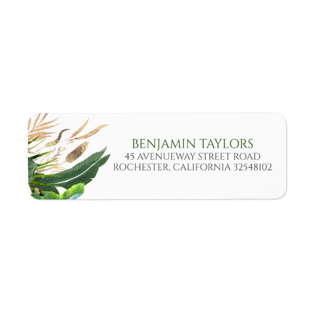 Exotic Jungle Foliage Gold Leaves Return Address Label (Front)