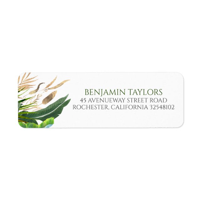 Exotic Jungle Foliage Gold Palm Leaves Return Address Label (Front)