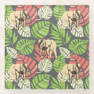 Exotic Jungle Leaves And Elephants 2 Glass Coaster