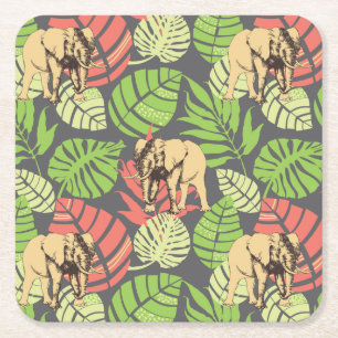 Exotic Jungle Leaves And Elephants 2 Square Paper Coaster