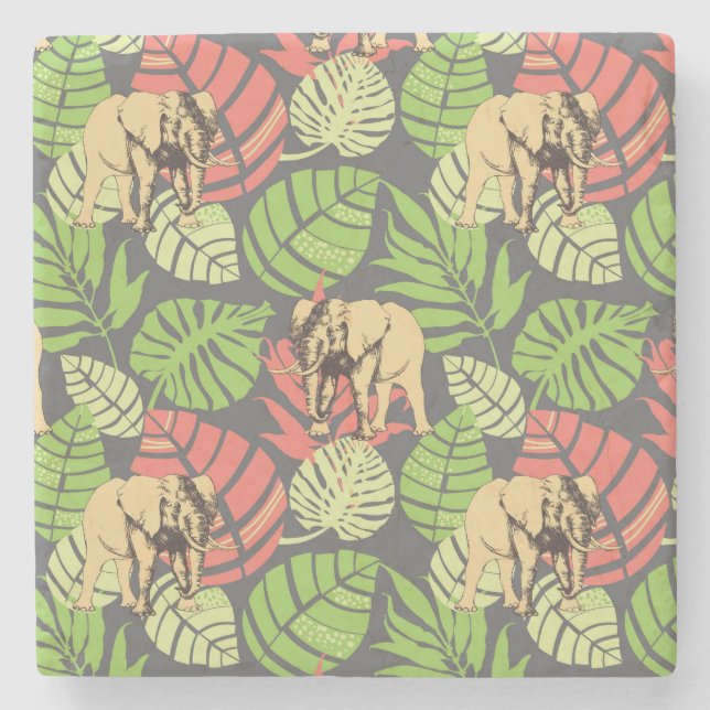 Exotic Jungle Leaves And Elephants 2 Stone Coaster (Front)